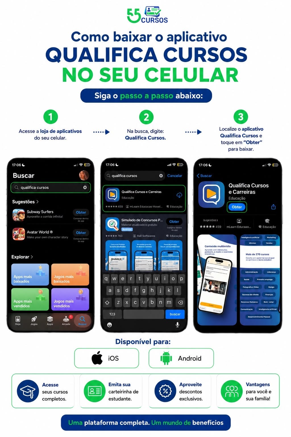 Guia visual para pesquisar e baixar o aplicativo Qualifica Cursos no celular