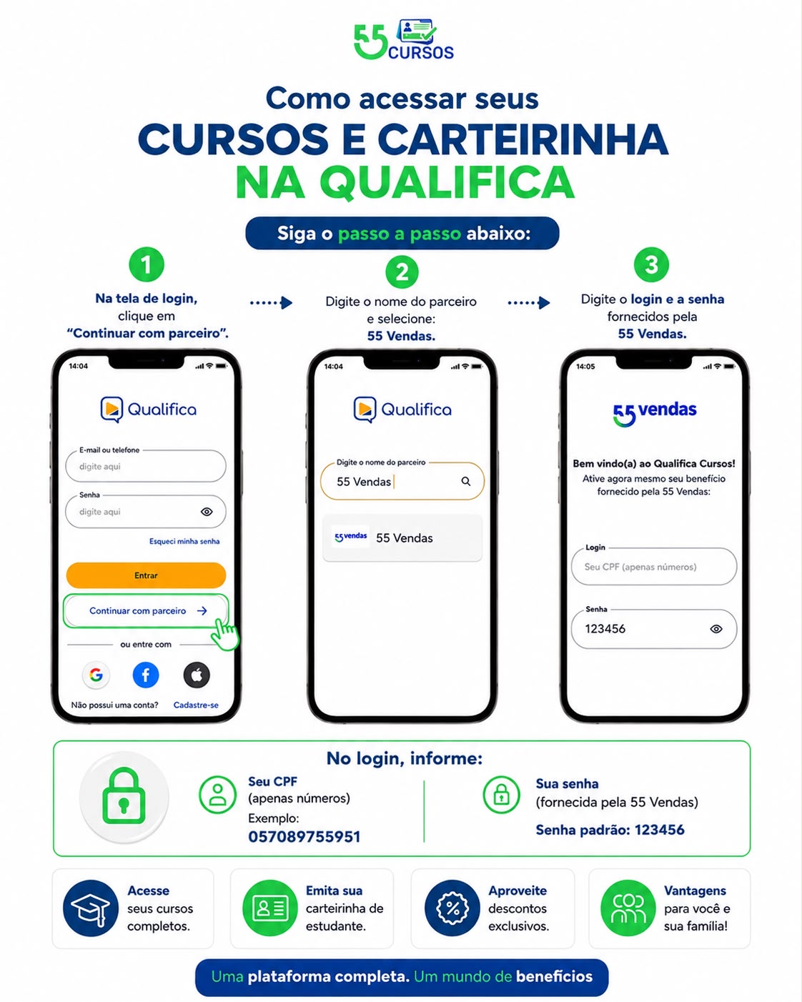 Guia visual para selecionar a 55 Vendas e entrar no aplicativo Qualifica Cursos