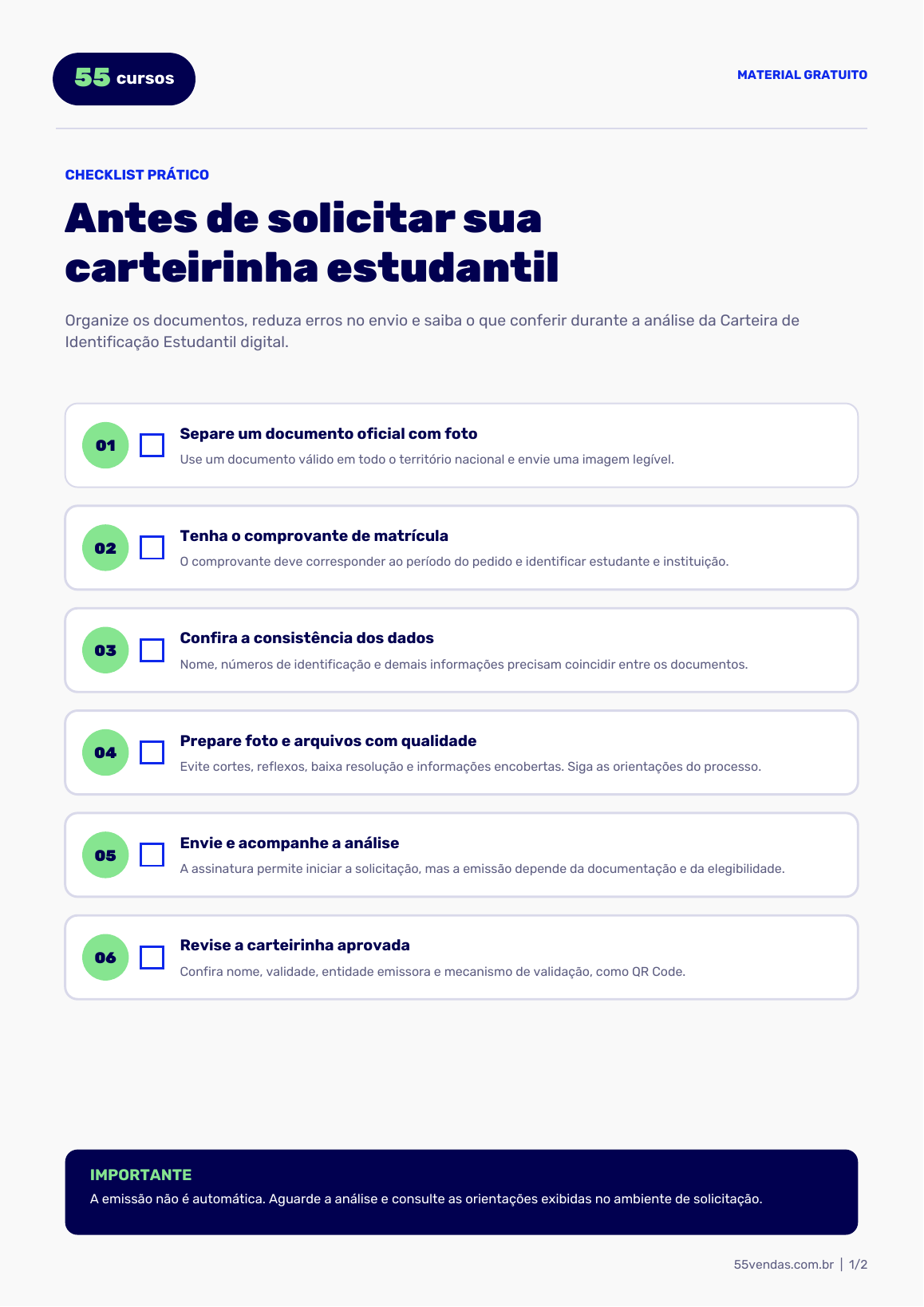 Prévia do checklist para solicitar a carteirinha estudantil